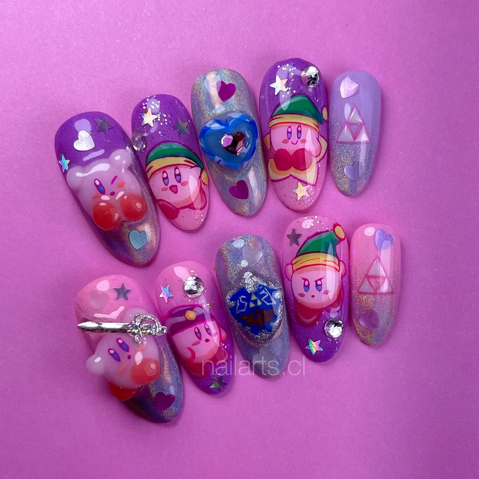 Press on lilas con Kirby y un personaje de videojuego de gorro verde, estrellas y corazones