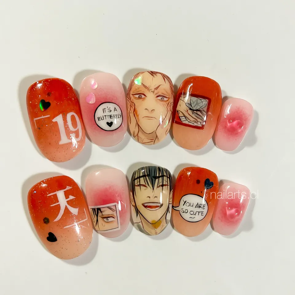 Set naranja y rosado con personajes de manga, kanji y globos de diálogo pintados a mano