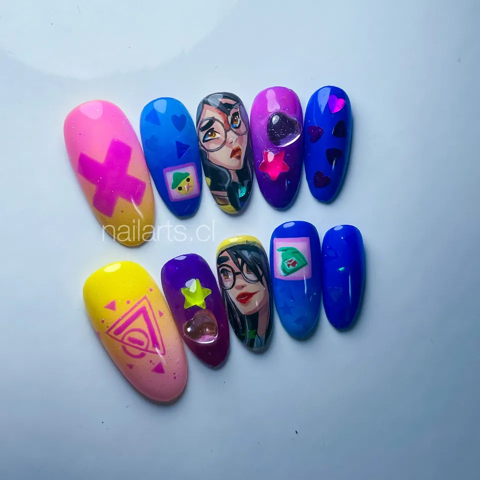 Set multicolor con personajes en estilo cómic, una X rosada y estrellas